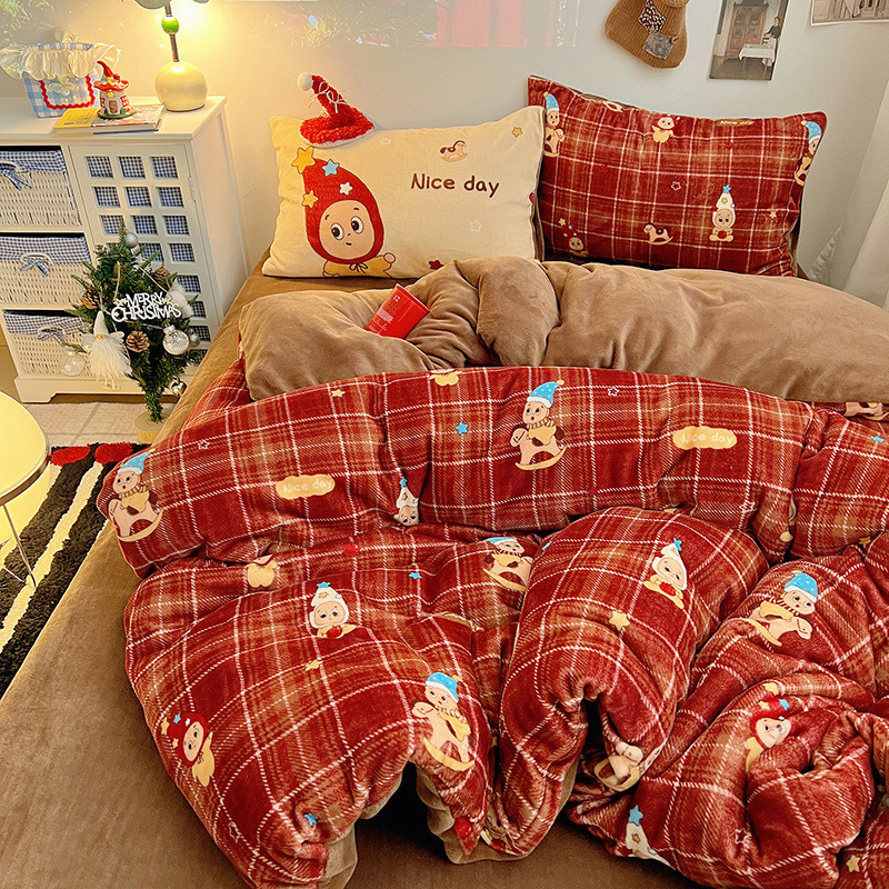 Tej velvet négyrészes ágyneműkészlet télre – macska és csacsi mintával, súly 3000–3500 g, lepedő-stílus