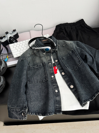 Τζιν μπουφάν για παιδιά με μεταλλικά στοιχεία, βαμβακερό ύφασμα, άνοιξη–φθινόπωρο, unisex, 3–8 ετών, μονόβραχο κλείσιμο