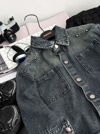 Τζιν μπουφάν για παιδιά με μεταλλικά στοιχεία, βαμβακερό ύφασμα, άνοιξη–φθινόπωρο, unisex, 3–8 ετών, μονόβραχο κλείσιμο