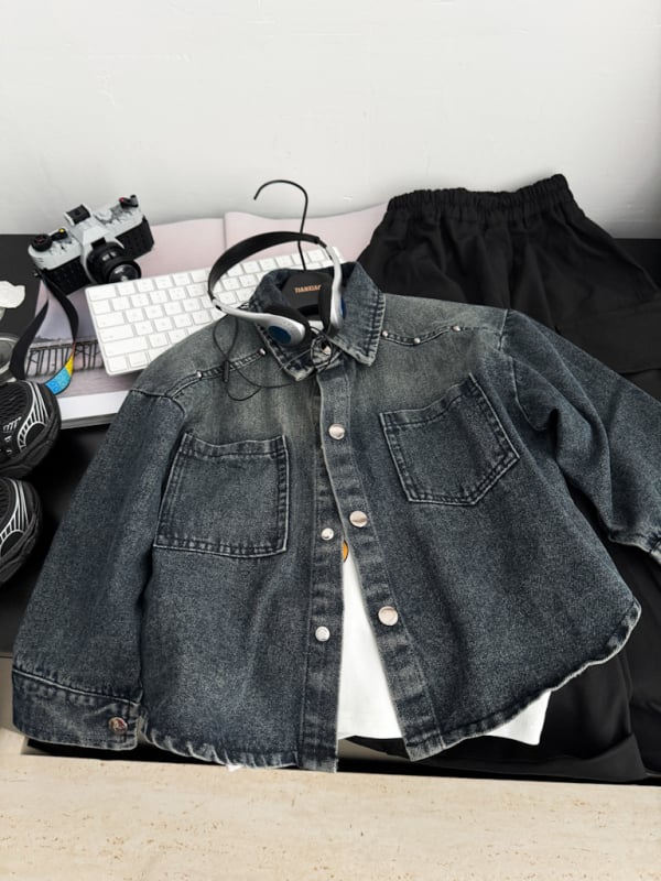 Τζιν μπουφάν για παιδιά με μεταλλικά στοιχεία, βαμβακερό ύφασμα, άνοιξη–φθινόπωρο, unisex, 3–8 ετών, μονόβραχο κλείσιμο