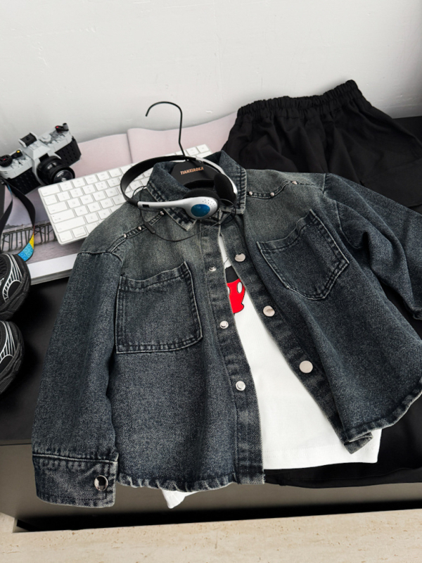 Τζιν μπουφάν για παιδιά με μεταλλικά στοιχεία, βαμβακερό ύφασμα, άνοιξη–φθινόπωρο, unisex, 3–8 ετών, μονόβραχο κλείσιμο