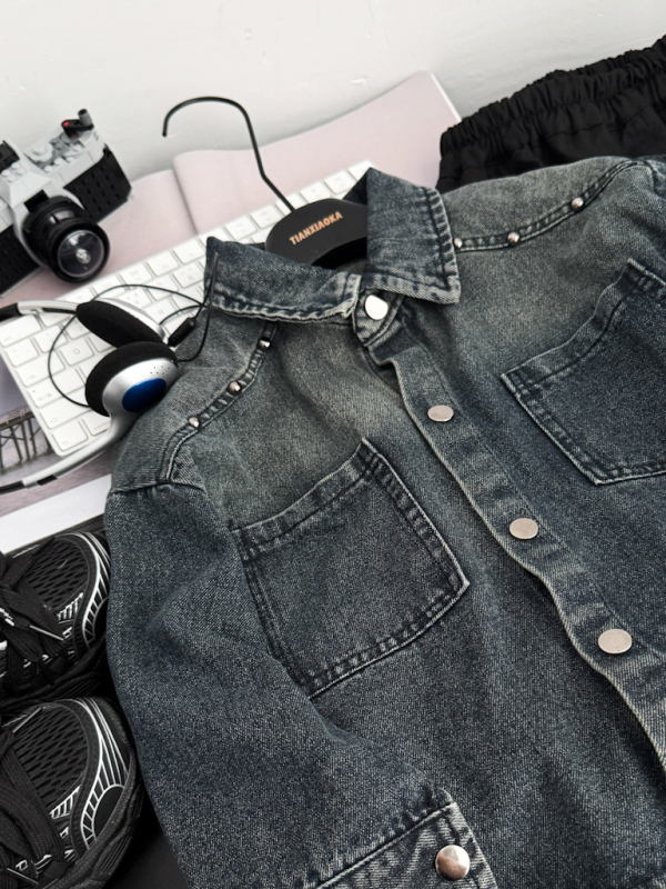 Τζιν μπουφάν για παιδιά με μεταλλικά στοιχεία, βαμβακερό ύφασμα, άνοιξη–φθινόπωρο, unisex, 3–8 ετών, μονόβραχο κλείσιμο