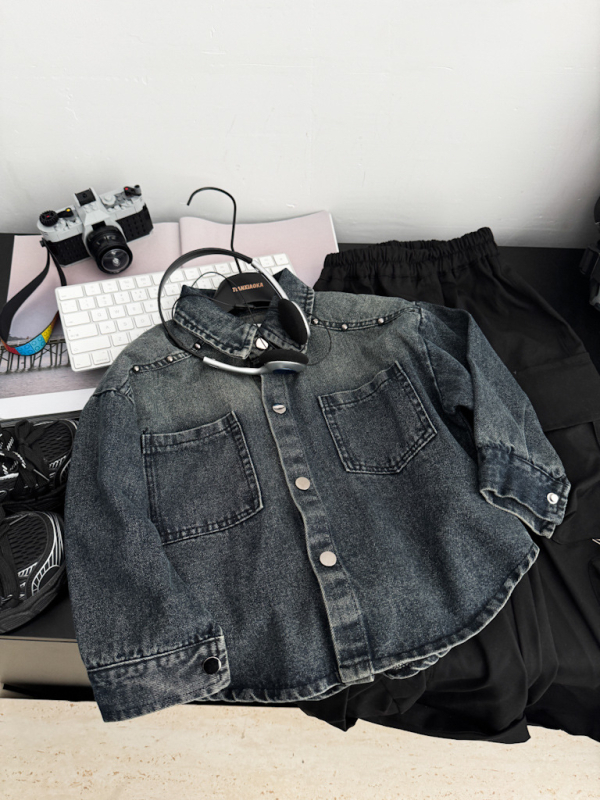 Τζιν μπουφάν για παιδιά με μεταλλικά στοιχεία, βαμβακερό ύφασμα, άνοιξη–φθινόπωρο, unisex, 3–8 ετών, μονόβραχο κλείσιμο