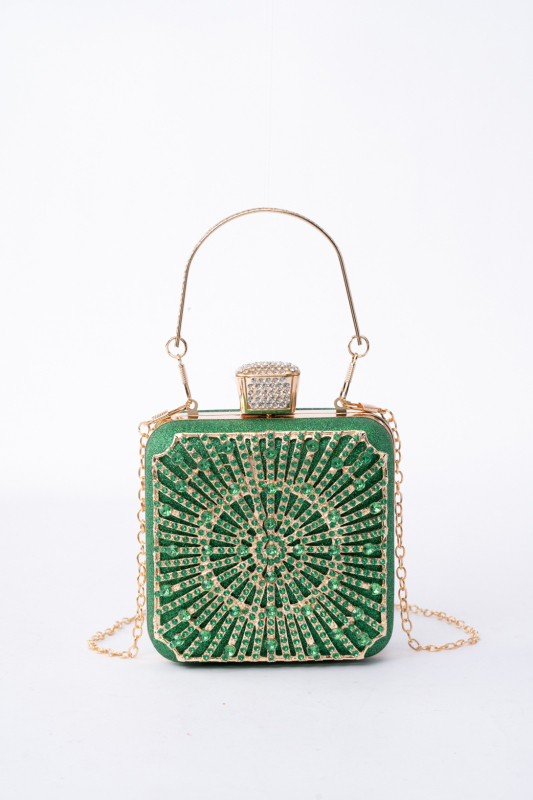 Clutch torba od legure, vertikalni kvadratni oblik, trodimenzionalni vanjski dio, zatvarač na kopču, poliester podstava