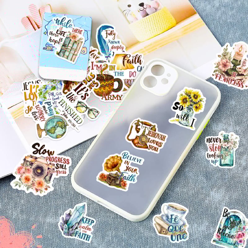 Dileda 50 Φύλλα PP αυτοκόλλητα με βιβλικές φράσεις για DIY ημερολόγιο – Σκανδιναβικό στυλ, offset εκτύπωση, για θήκη κινητού και φορητού υπολογιστή