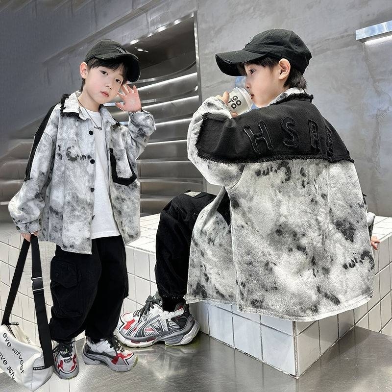 Dječja jakna od denima s tie-dye uzorkom za dječake, polo ovratnik, jednostruko zatvaranje, korejski stil, jesen 2024
