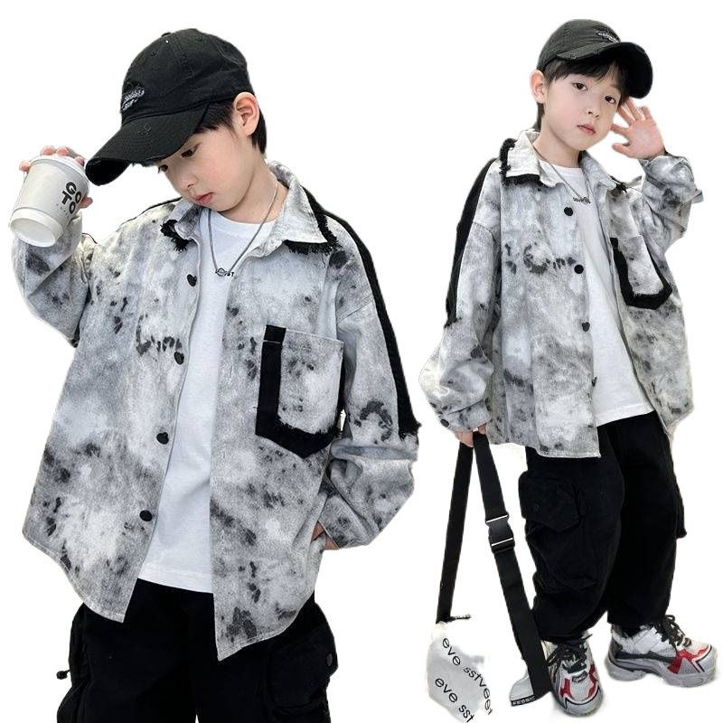 Dječja jakna od denima s tie-dye uzorkom za dječake, polo ovratnik, jednostruko zatvaranje, korejski stil, jesen 2024