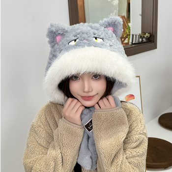 Unisex σετ καπέλο και κασκόλ δύο τεμαχίων, φλις επένδυση, πολυεστερικό ύφασμα, καρτούν σχέδιο, tie-dye (χειμώνας-άνοιξη-φθινόπωρο)