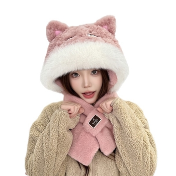 Unisex σετ καπέλο και κασκόλ δύο τεμαχίων, φλις επένδυση, πολυεστερικό ύφασμα, καρτούν σχέδιο, tie-dye (χειμώνας-άνοιξη-φθινόπωρο)