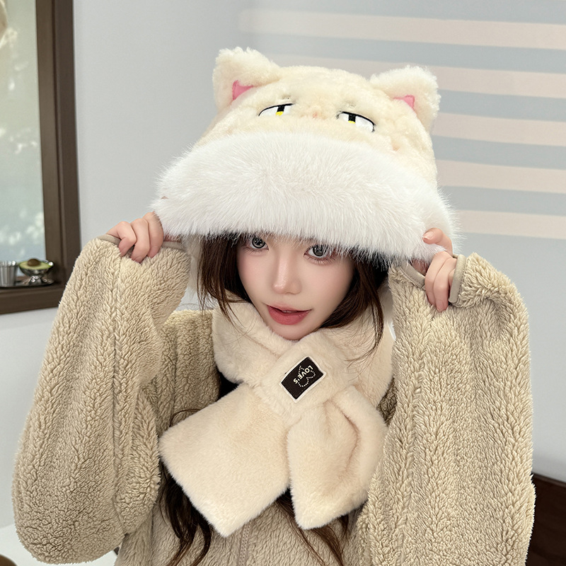 Unisex σετ καπέλο και κασκόλ δύο τεμαχίων, φλις επένδυση, πολυεστερικό ύφασμα, καρτούν σχέδιο, tie-dye (χειμώνας-άνοιξη-φθινόπωρο)