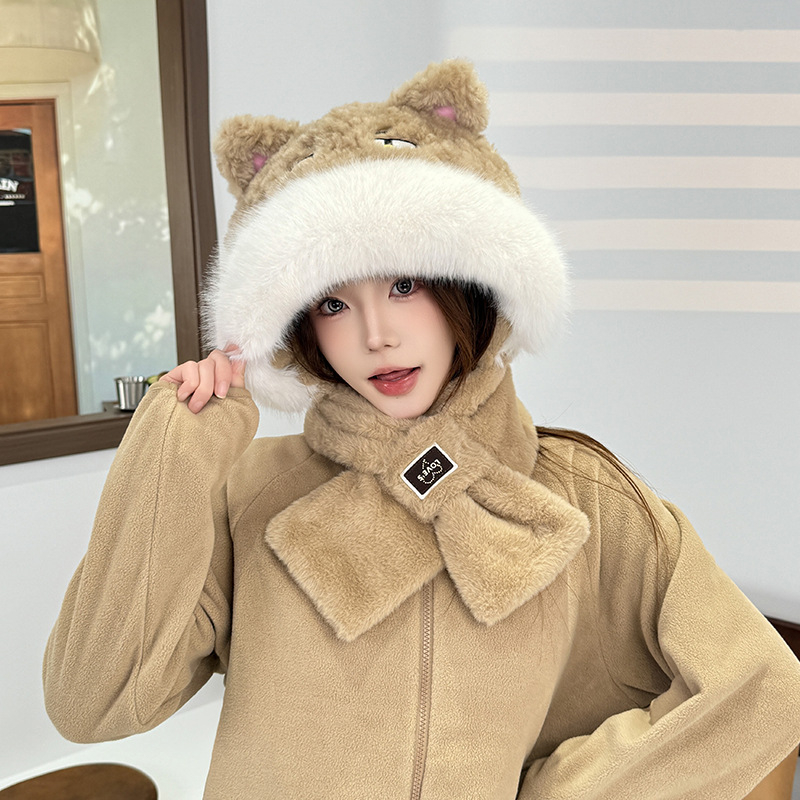 Unisex σετ καπέλο και κασκόλ δύο τεμαχίων, φλις επένδυση, πολυεστερικό ύφασμα, καρτούν σχέδιο, tie-dye (χειμώνας-άνοιξη-φθινόπωρο)