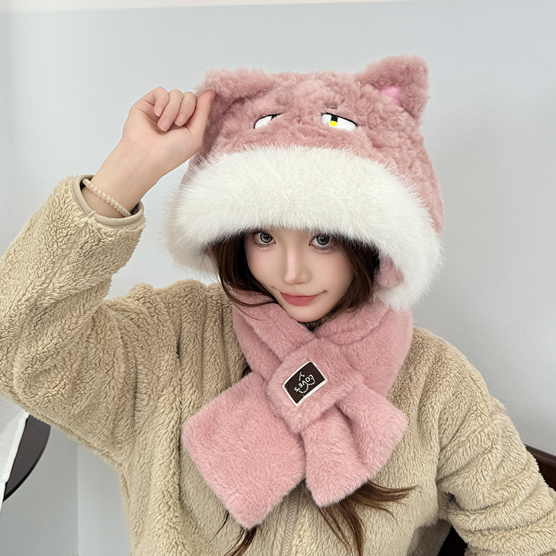 Unisex σετ καπέλο και κασκόλ δύο τεμαχίων, φλις επένδυση, πολυεστερικό ύφασμα, καρτούν σχέδιο, tie-dye (χειμώνας-άνοιξη-φθινόπωρο)