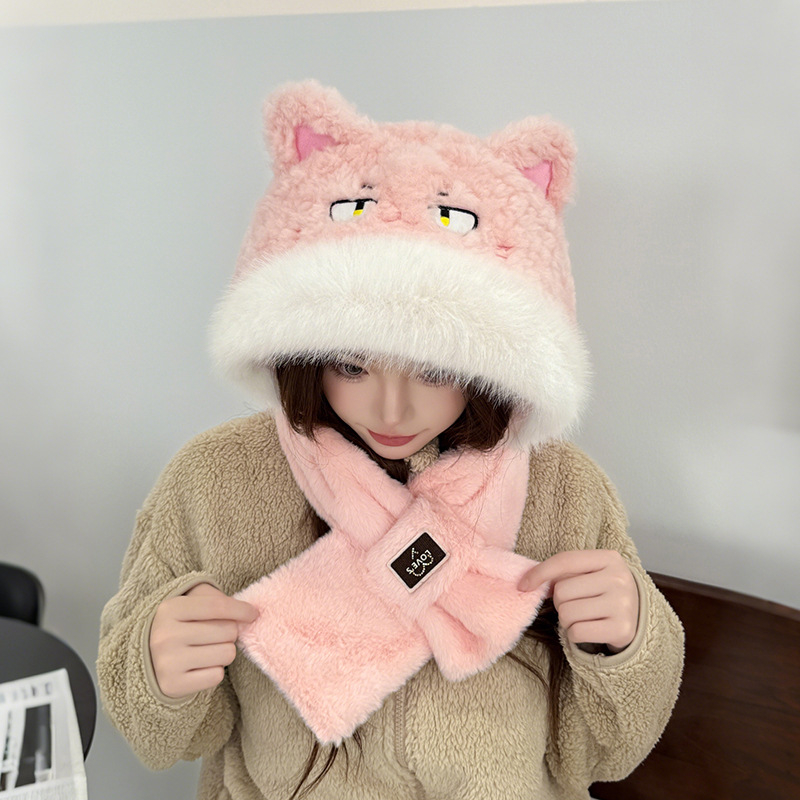 Unisex σετ καπέλο και κασκόλ δύο τεμαχίων, φλις επένδυση, πολυεστερικό ύφασμα, καρτούν σχέδιο, tie-dye (χειμώνας-άνοιξη-φθινόπωρο)