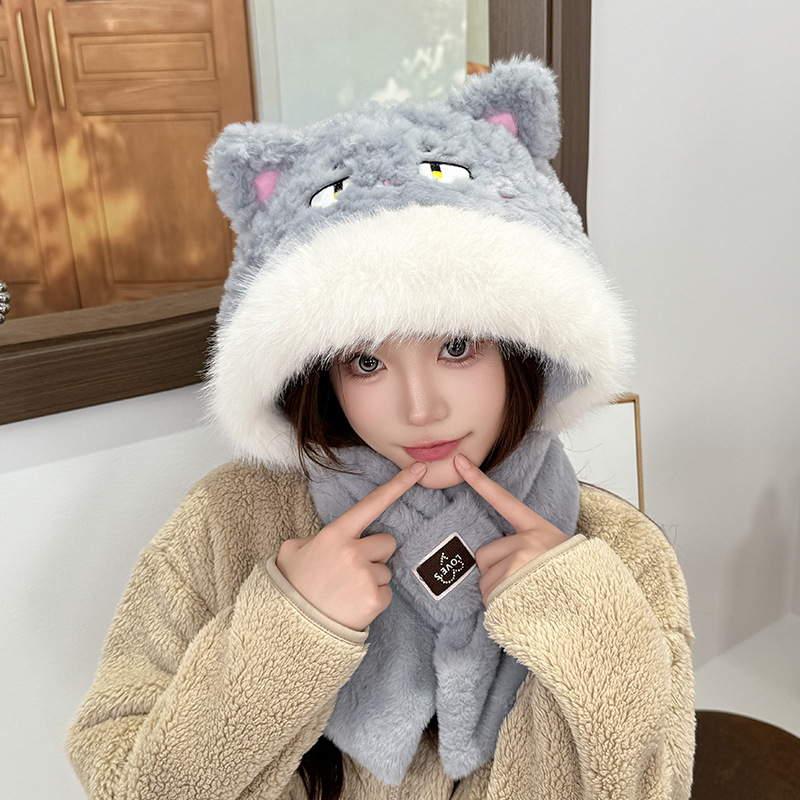 Unisex σετ καπέλο και κασκόλ δύο τεμαχίων, φλις επένδυση, πολυεστερικό ύφασμα, καρτούν σχέδιο, tie-dye (χειμώνας-άνοιξη-φθινόπωρο)