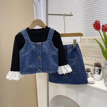 Dječji trodjelni denim set u korejskom stilu s topom s čipkastim manžetama, za uzrast 3–8 godina, proljeće–jesen, 95% spandex