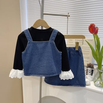 Dječji trodjelni denim set u korejskom stilu s topom s čipkastim manžetama, za uzrast 3–8 godina, proljeće–jesen, 95% spandex