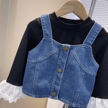 Dječji trodjelni denim set u korejskom stilu s topom s čipkastim manžetama, za uzrast 3–8 godina, proljeće–jesen, 95% spandex