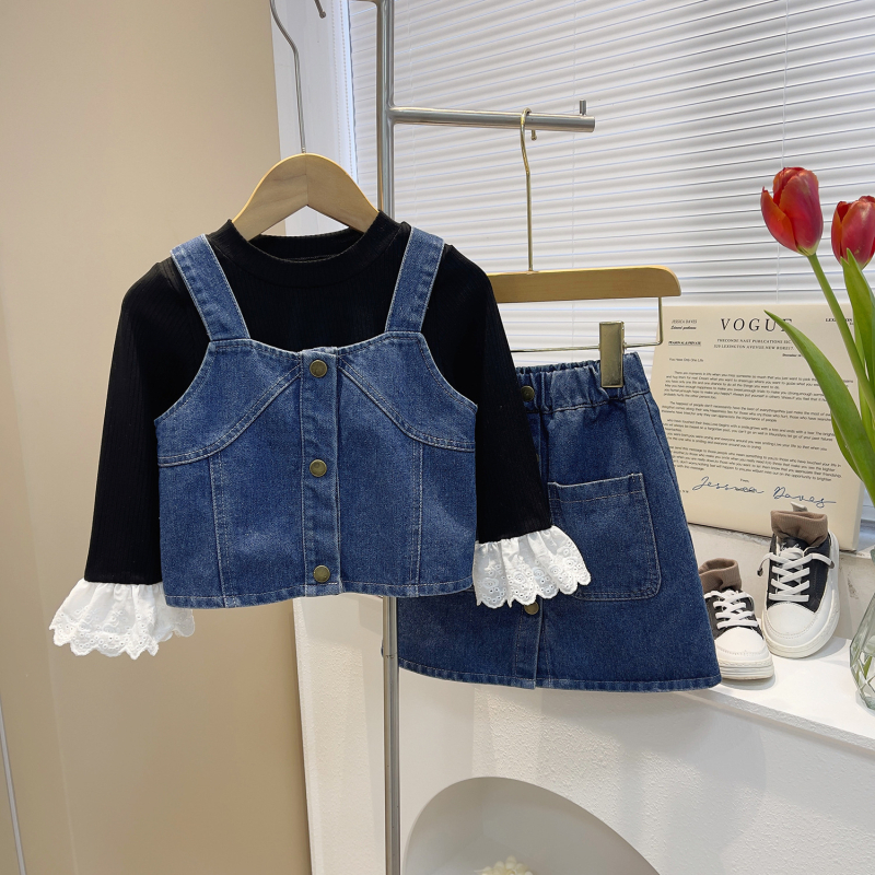 Dječji trodjelni denim set u korejskom stilu s topom s čipkastim manžetama, za uzrast 3–8 godina, proljeće–jesen, 95% spandex