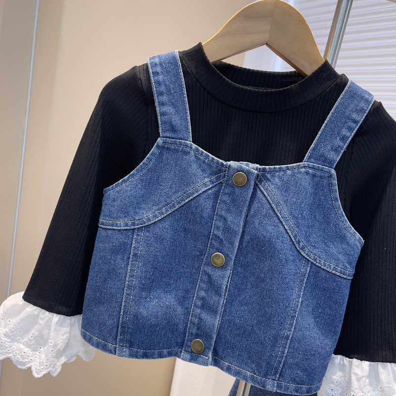 Dječji trodjelni denim set u korejskom stilu s topom s čipkastim manžetama, za uzrast 3–8 godina, proljeće–jesen, 95% spandex