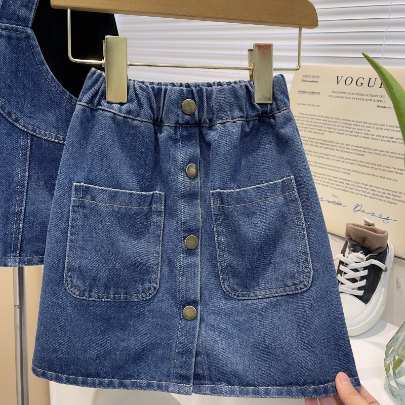 Dječji trodjelni denim set u korejskom stilu s topom s čipkastim manžetama, za uzrast 3–8 godina, proljeće–jesen, 95% spandex