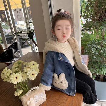 Τζιν μπουφάν με τσέπη κεφαλής κουνελιού, Κορεατικό στυλ, χοντρό χειμερινό εξωτερικό ένδυμα για κορίτσια, χειμώνας 2025