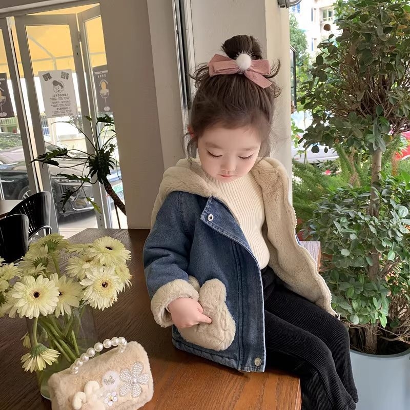 Τζιν μπουφάν με τσέπη κεφαλής κουνελιού, Κορεατικό στυλ, χοντρό χειμερινό εξωτερικό ένδυμα για κορίτσια, χειμώνας 2025