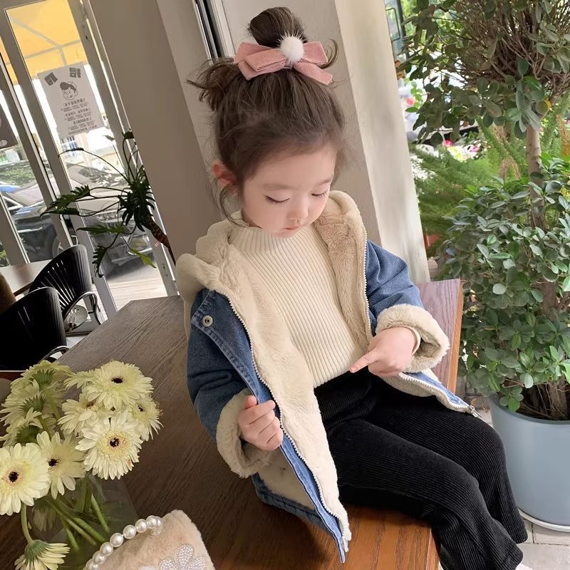 Τζιν μπουφάν με τσέπη κεφαλής κουνελιού, Κορεατικό στυλ, χοντρό χειμερινό εξωτερικό ένδυμα για κορίτσια, χειμώνας 2025