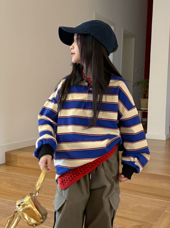 Unisex πόλο για παιδιά, πλεκτό ύφασμα, ριγέ σχέδιο, αντίθετος γιακάς, μακριά μανίκια, για άνοιξη και φθινόπωρο