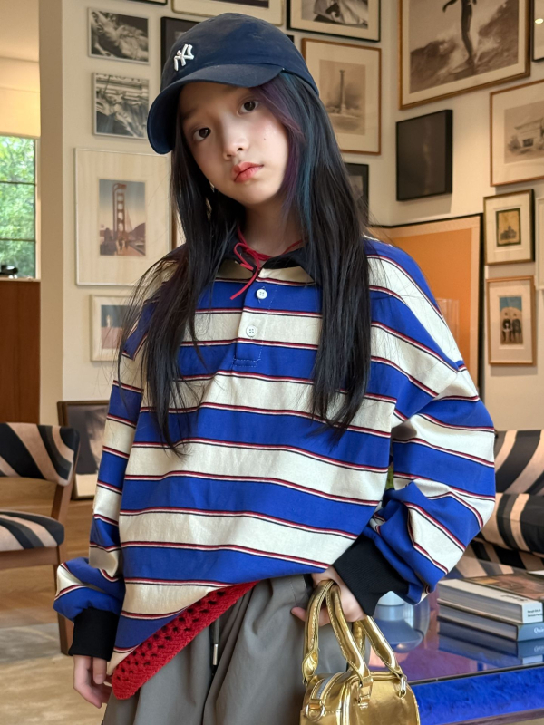 Unisex πόλο για παιδιά, πλεκτό ύφασμα, ριγέ σχέδιο, αντίθετος γιακάς, μακριά μανίκια, για άνοιξη και φθινόπωρο