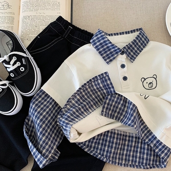 Παιδικό πόλο πουκάμισο σε Κορεάτικο στυλ, καρό και κινούμενο σχέδιο, βαμβάκι, άνοιξη και φθινόπωρο