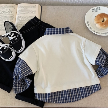 Παιδικό πόλο πουκάμισο σε Κορεάτικο στυλ, καρό και κινούμενο σχέδιο, βαμβάκι, άνοιξη και φθινόπωρο