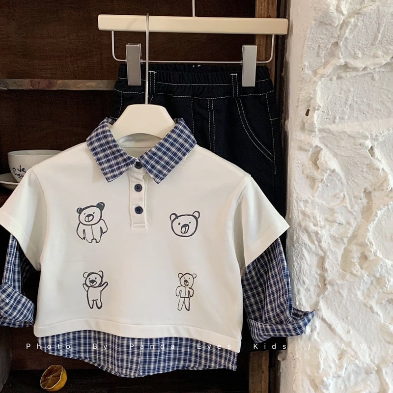 Παιδικό πόλο πουκάμισο σε Κορεάτικο στυλ, καρό και κινούμενο σχέδιο, βαμβάκι, άνοιξη και φθινόπωρο