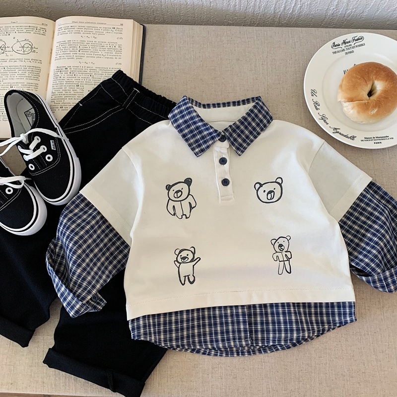 Παιδικό πόλο πουκάμισο σε Κορεάτικο στυλ, καρό και κινούμενο σχέδιο, βαμβάκι, άνοιξη και φθινόπωρο