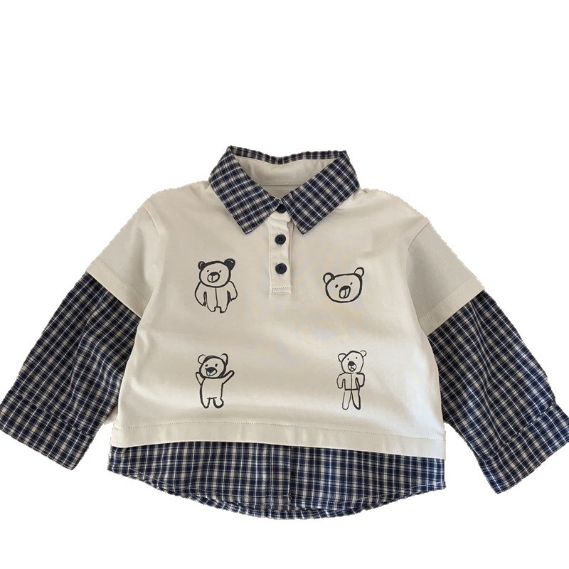 Παιδικό πόλο πουκάμισο σε Κορεάτικο στυλ, καρό και κινούμενο σχέδιο, βαμβάκι, άνοιξη και φθινόπωρο