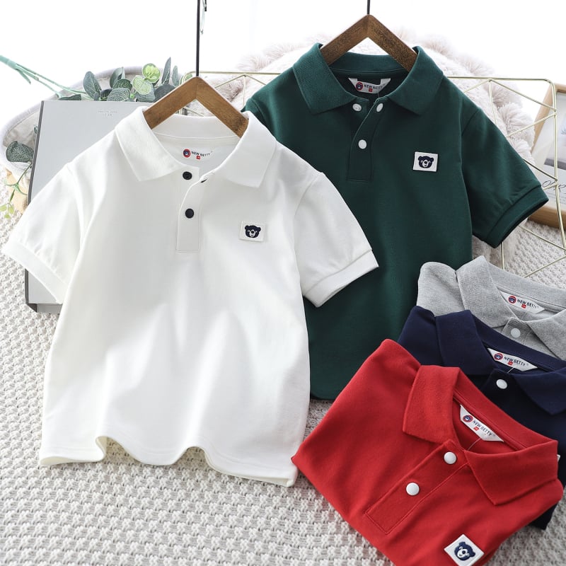 Παιδικό πόλο από βαμβάκι, Unisex, κοντομάνικο, με γιακά που στέκεται, κέντημα, μονόχρωμο, για παιδιά άνω των 8 ετών