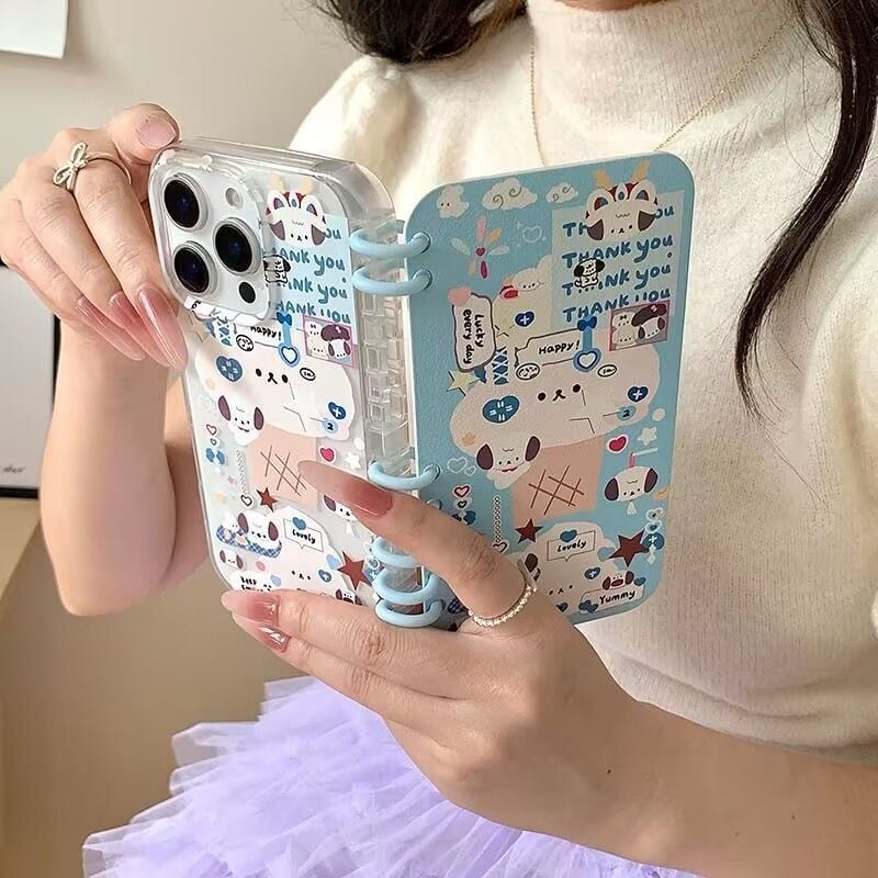 Husă flip din silicon pentru iPhone, design cu cățeluș și ursuleț drăguț, stil notebook, antișoc și protecție la căderi.