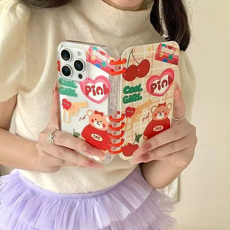 Husă flip din silicon pentru iPhone, design cu cățeluș și ursuleț drăguț, stil notebook, antișoc și protecție la căderi.