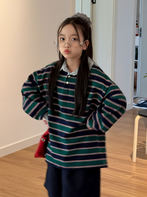 Polo majica s prugama, korejskog stila, od pletnog materijala, za djevojčice od 8 godina i više