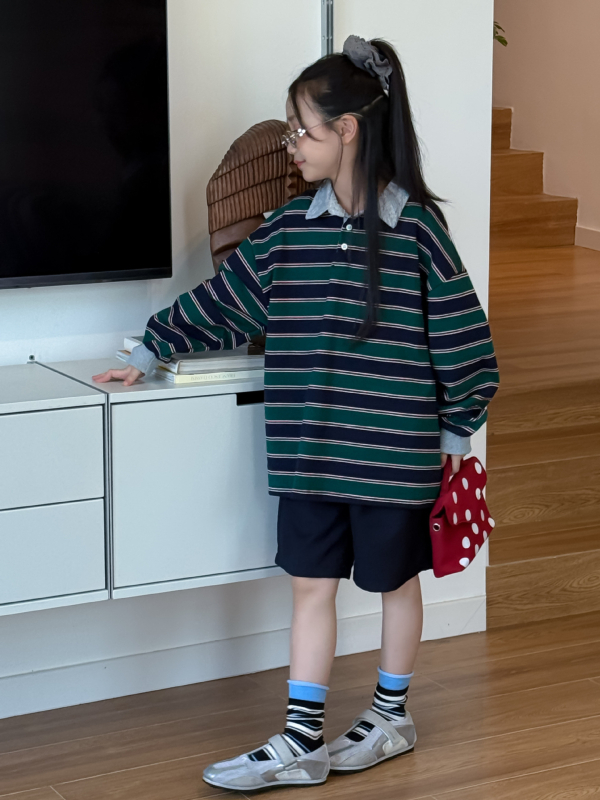 Polo majica s prugama, korejskog stila, od pletnog materijala, za djevojčice od 8 godina i više