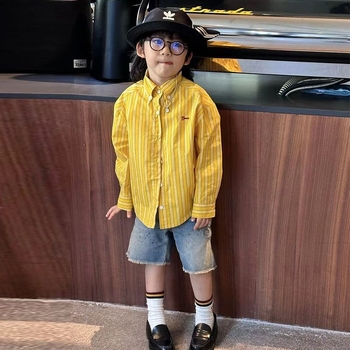Unisex παιδικό πουκάμισο-ζακέτα με ρίγες, μακριά μανίκια, κορεάτικο στυλ, ηλικίες 8+, καλοκαίρι 2025