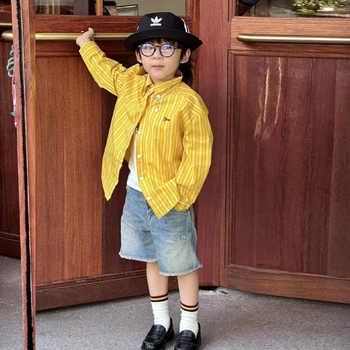 Unisex παιδικό πουκάμισο-ζακέτα με ρίγες, μακριά μανίκια, κορεάτικο στυλ, ηλικίες 8+, καλοκαίρι 2025