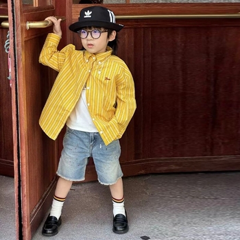 Unisex παιδικό πουκάμισο-ζακέτα με ρίγες, μακριά μανίκια, κορεάτικο στυλ, ηλικίες 8+, καλοκαίρι 2025