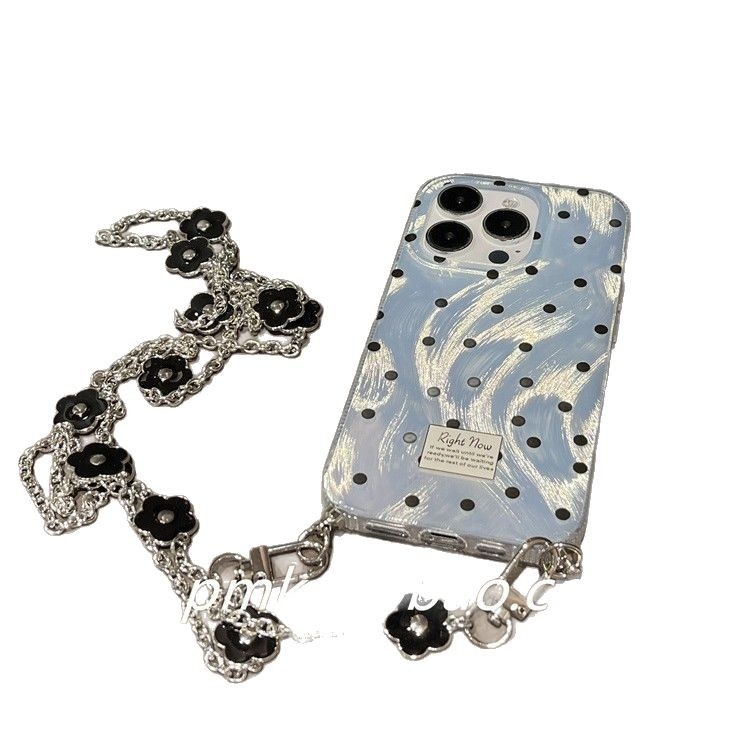 Srebrno silikonsko kućište za iPhone s motivom polka dot i cvijeta školjke, s remenom za nošenje preko tijela