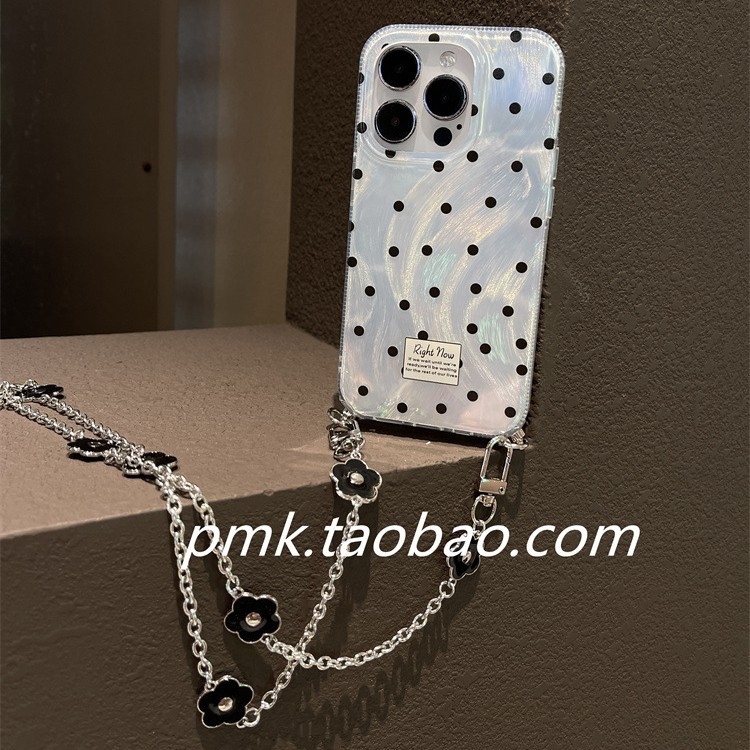 Srebrno silikonsko kućište za iPhone s motivom polka dot i cvijeta školjke, s remenom za nošenje preko tijela