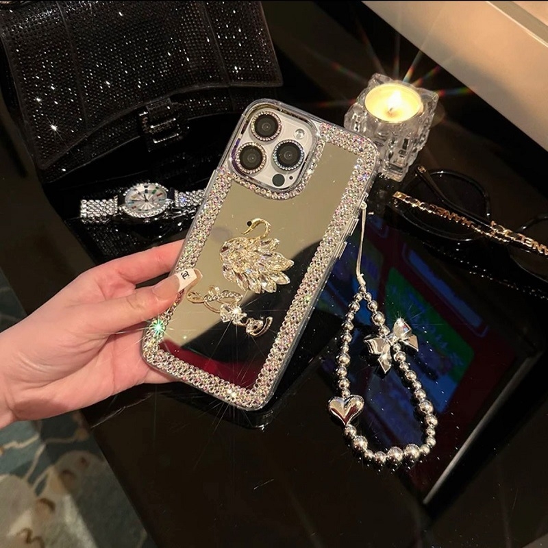 Maska za iPhone – rhinestones labudinog zrcalnog dizajna, silikon, narukvica stil, elektroplatni završetak, disipacija topline; kompatibilno s iPhone 11, 12, 13, 14 Pro/Max, Xs Max