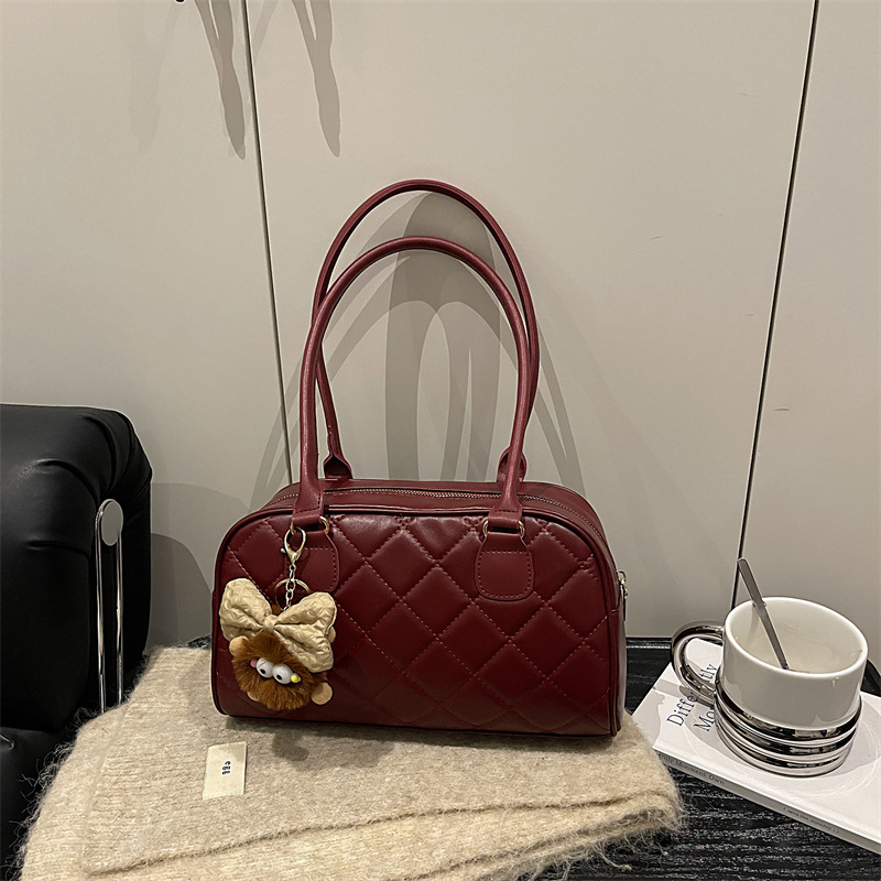 Ženska tote torba od PU kože, dijamantno prešivanje - gradski minimalistički stil, zatvarač, poliester podstava, zima 2025