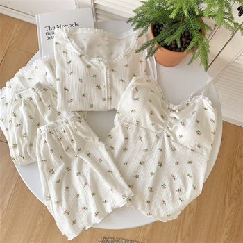 Ženski pamučni pijama set s čipkom, stil princeze, topao četverodijelni kućni outfit, pogodan i za nošenje van kuće