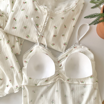 Ženski pamučni pijama set s čipkom, stil princeze, topao četverodijelni kućni outfit, pogodan i za nošenje van kuće