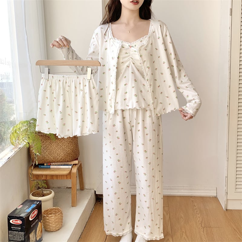 Ženski pamučni pijama set s čipkom, stil princeze, topao četverodijelni kućni outfit, pogodan i za nošenje van kuće