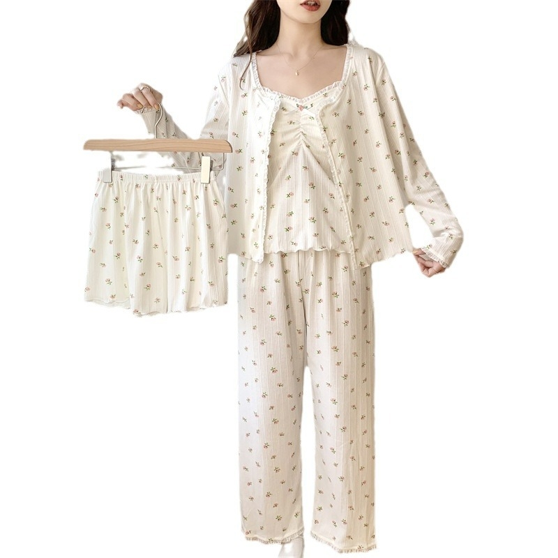 Ženski pamučni pijama set s čipkom, stil princeze, topao četverodijelni kućni outfit, pogodan i za nošenje van kuće